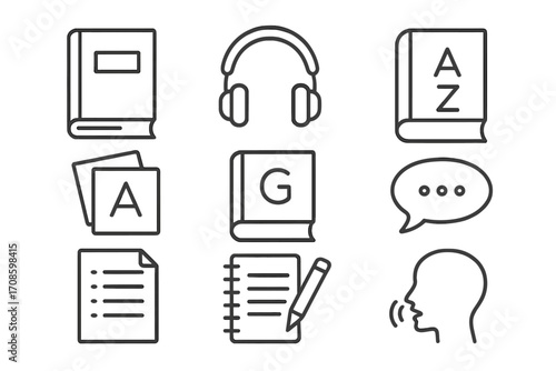 Language Study Icons. Line style icons of language learning essentials: textbook, audio headset, dictionary, flashcards, grammar