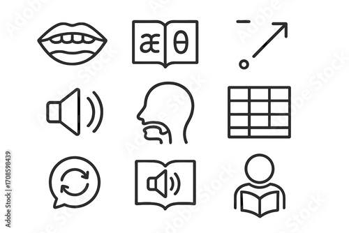 Pronunciation Icons Line Art. Line style icons of accent and pronunciation: mouth icon, phonetic alphabet, stress mark, intonation
