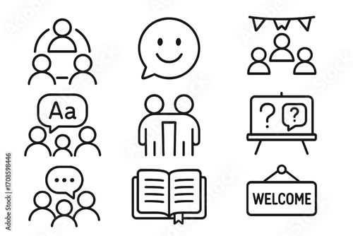 Language Club Icons. Line style icons of language club and community: group circle, speech bubble with smile, community event,