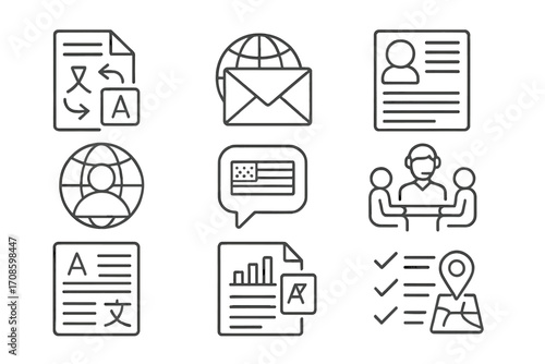 Multilingual Work Icons. Line style icons of multilingual work tools: translated document, global email icon, bilingual resume,