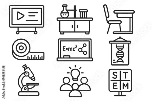 STEM Classroom Icons. Line style icons of STEM classroom tools: digital whiteboard, lab table, student desk, measuring tape,
