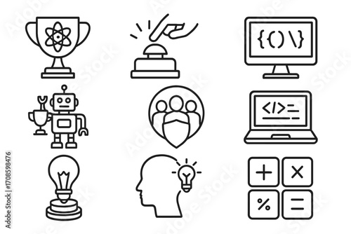 STEM Competition Icons. Line style icons of STEM competitions: science trophy, quiz buzzer, programming challenge, robot contest,