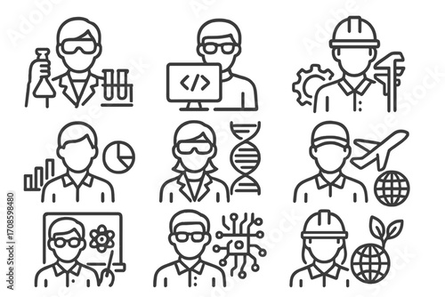 STEM Career Icons. Line style icons of STEM career paths: lab technician, software developer, mechanical engineer, data analyst,