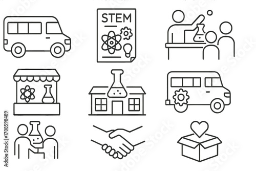 STEM Outreach Icons. Line style icons of STEM outreach programs: school van, STEM club flyer, community demo, science expo,