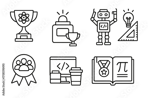 STEM Competition Icons. Line style icons of STEM competitions: science trophy, quiz buzzer, programming challenge, robot contest,