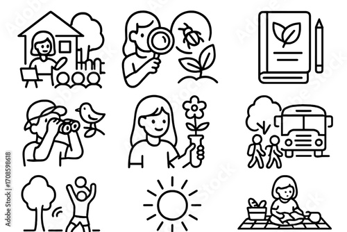 Outdoor Education Icons. Line style icons of outdoor homeschooling: backyard lesson, bug observation, nature journal, bird