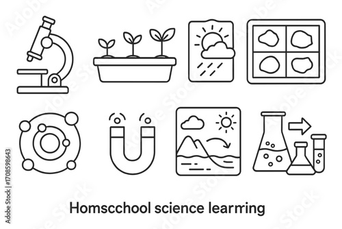 Homeschool Science Icons. Line style icons of homeschool science learning: microscope, plant growth tray, weather chart, rock
