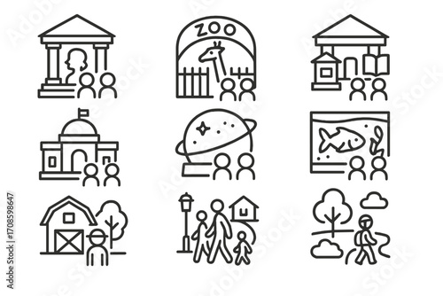 Homeschool Field Trip Icons. Line style icons of homeschool field trips: museum visit, zoo icon, local library, historical site,