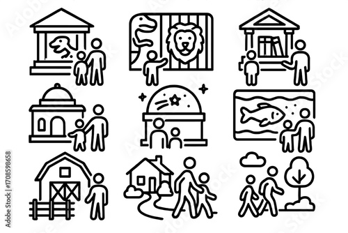 Homeschool Field Trip Icons. Line style icons of homeschool field trips: museum visit, zoo icon, local library, historical site,