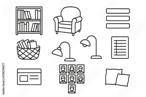 Homeschool Library Line Icons. Line style icons of homeschool library setup: bookshelf icon, cozy reading chair, genre labels,