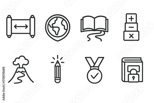 Subject Icon Collection. Line style icons of subject-specific levels: history timeline level, geography map badge, reading journey