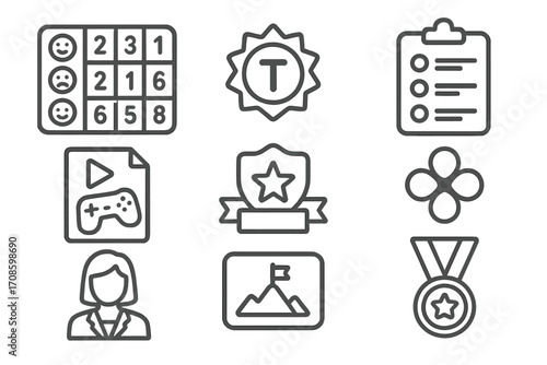 Classroom Gamification Icons. Line style icons of classroom gamification tools: group scoreboard, team token, participation