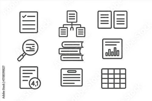 Literature Review Icons. Line style icons of literature review process: reference list, citation tree, article comparison, keyword