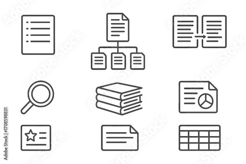 Literature Review Icons. Line style icons of literature review process: reference list, citation tree, article comparison, keyword