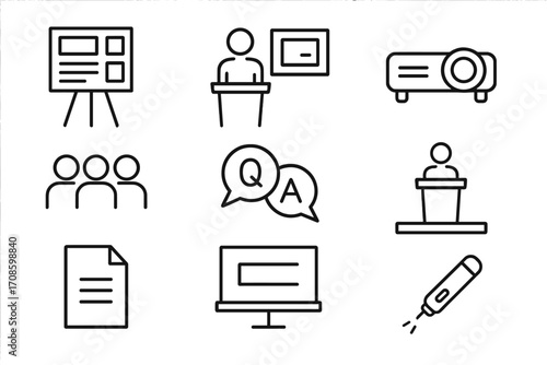 Academic Presentation Icons. Line style icons of academic presentation formats: research poster, oral presentation icon, slide