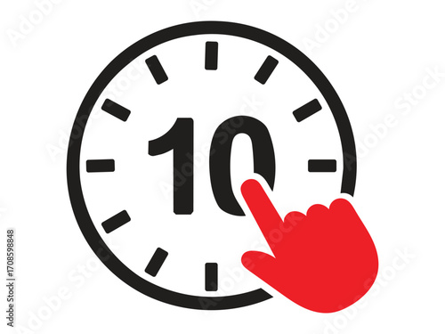 Clock with a hand pointing at ten isolated on white background indicating time