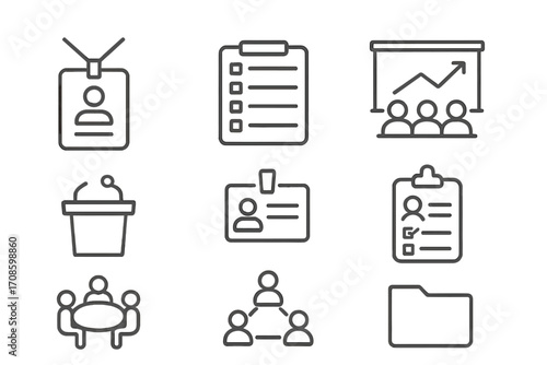 Academic Event Icons. Line style icons of academic conferences and events: conference badge, event schedule, presentation stage,
