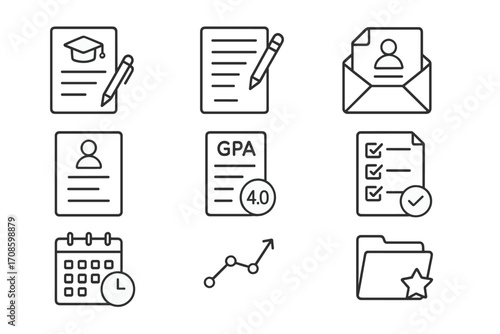 Scholarship Process Icons. Line style icons of scholarship application process: application form, personal essay icon,