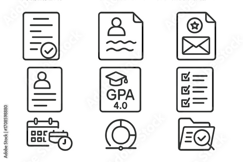 Scholarship Process Icons. Line style icons of scholarship application process: application form, personal essay icon,