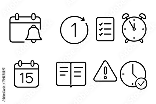 Scholarship Deadline Icons. Line style icons of scholarship deadlines and reminders: calendar with bell, countdown icon, to-do