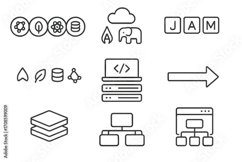 Tech Stack Icons. Line style icons of popular tech stacks: MERN stack icon, LAMP stack icon, JAMstack logo, MEAN stack elements,