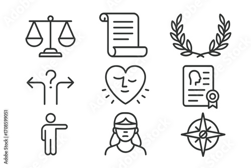 Ethical Theories Icons. Line style icons of ethical theories: utilitarian scale, deontology scroll, virtue ethics laurel, moral
