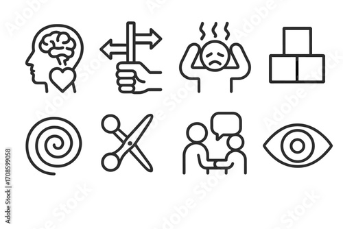 Philosophy Icons Collection. Line style icons of modern philosophy topics: mind-body problem, freedom vs determinism icon,