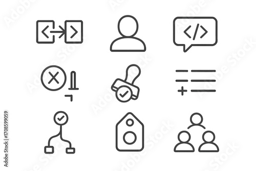 Code Review Icons. Line style icons of code review processes: pull request icon, reviewer avatar, code comment bubble, change