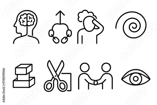 Philosophy Icons Collection. Line style icons of modern philosophy topics: mind-body problem, freedom vs determinism icon,