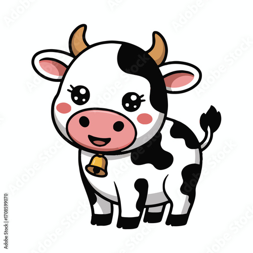 Vector art of delightful cow cartoon this charming illustration features a cute cow with a bell, perfect for childrens books, farmthemed designs, or educational materials