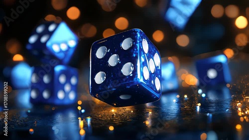 video of Blue dice on black background. Gambling concept. Casino