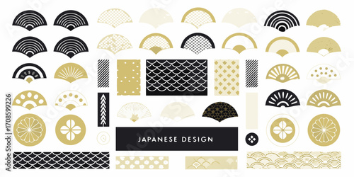 Collection of japanese inspired graphic elements and patterns in black gold and cream colors