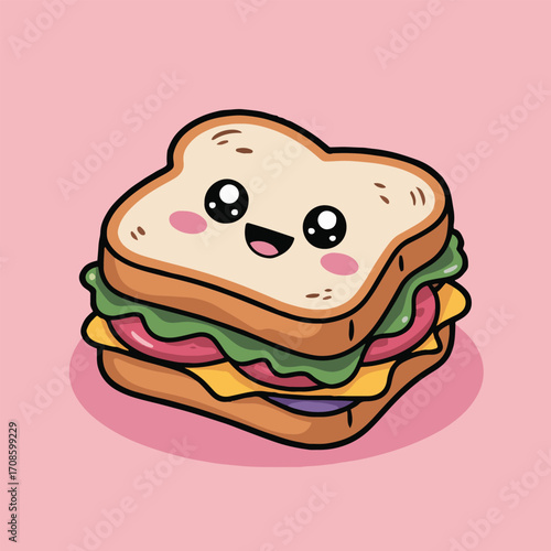 Vector art of charming cartoon sandwich with a joyful face, layered with lettuce, cheese, ham, and other fillings, suitable for childrens illustrations and foodrelated designs on a light pink backgrou