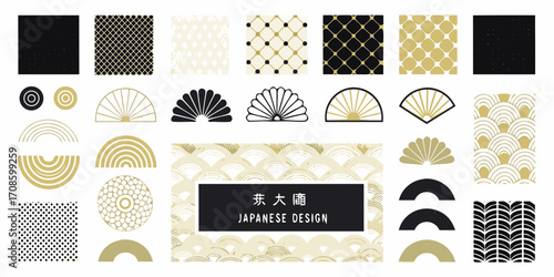 Collection of japanese inspired graphic design elements and seamless patterns in gold black and cream colors