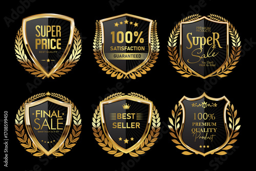 Golden luxury labels shield logo and banners, Gold premium quality badge,certificate ribbons, vector badges. Best seller, Luxury  VIP and sticker tags and banners for best product seals, golden crown