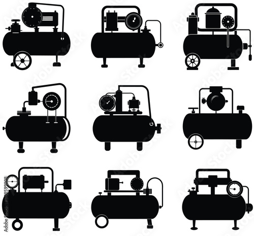 Black Silhouette Icons of Air Compressors with Gauges and Wheels in Multiple Configurations machine