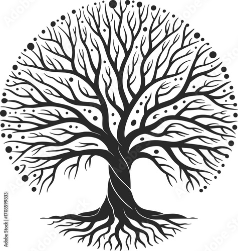 Ancient and stylized black and white tree of life with intricate roots and branches symbolizing growth, wisdom, and spiritual connection.