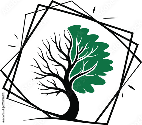 Vibrant stylized tree, half-dead and half-alive, in a geometric frame, representing life, growth, and nature's duality for design projects.