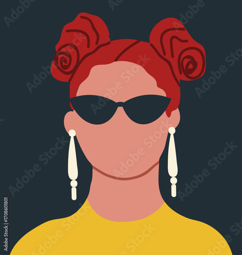 Abstract woman portrait, female avatar in cat-eye sunglasses and hair buns, faceless anonymous, secret agent, spy character, user profile. Hand drawn vector illustration.
