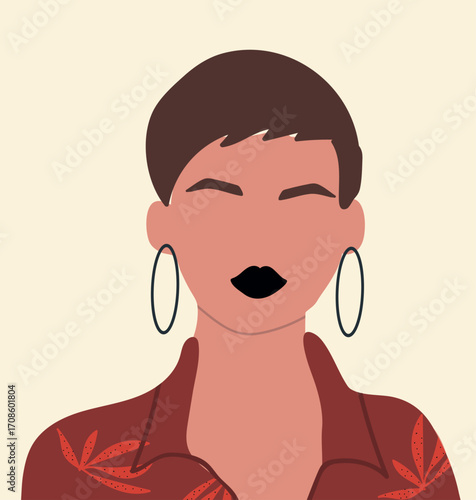 Girl, blank empty face portrait. Abstract faceless female head , brunette with short hair. Hand drawn vector illustration.