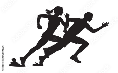 Silhouette of man and woman running in a race competition on white background