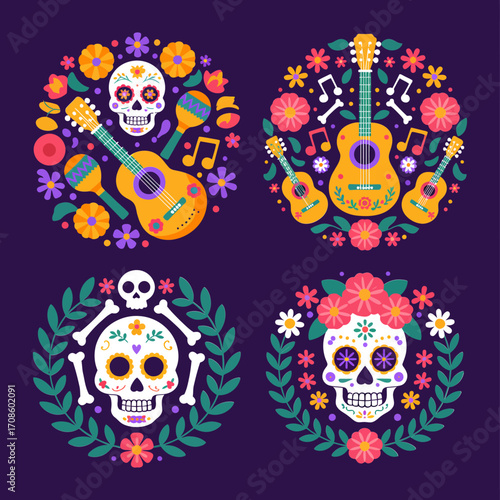 Dia de Muertos decorative set, sugar skull portraits, guitar icon, marigold flowers, laurel wreaths, purple background vector illustration