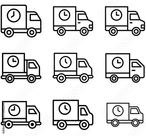 Collection of nine outline icons of delivery trucks with clocks indicating time on a white background