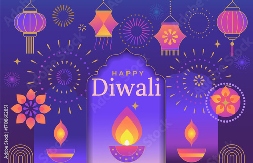 Happy Diwali greeting card, festival banner with symbols of holiday-mandala, candle with fire, lanterns, fireworks. Template design with diya lamp for web, social media, poster. Vector illustration