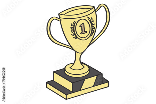 golden first place trophy with number one and rectangular base illustration design and isolated on white background.