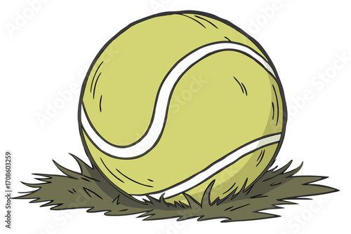 cartoon tennis ball illustration sitting on green grass with simple line art isolated on white background.