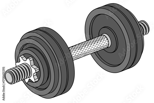 adjustable dumbbell illustration with textured grip handle and weight plates isolated on white background.