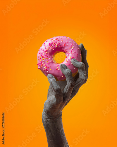 Zombie hand holding a vibrant pink frosted donut