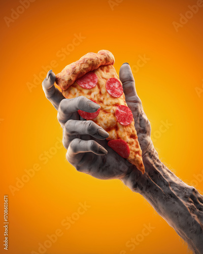 Zombie hand holding a slice of pepperoni pizza