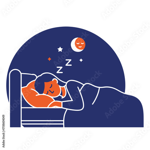 A person peacefully sleeping in bed under a starry night sky with a crescent moon. The scene depicts rest and tranquility.